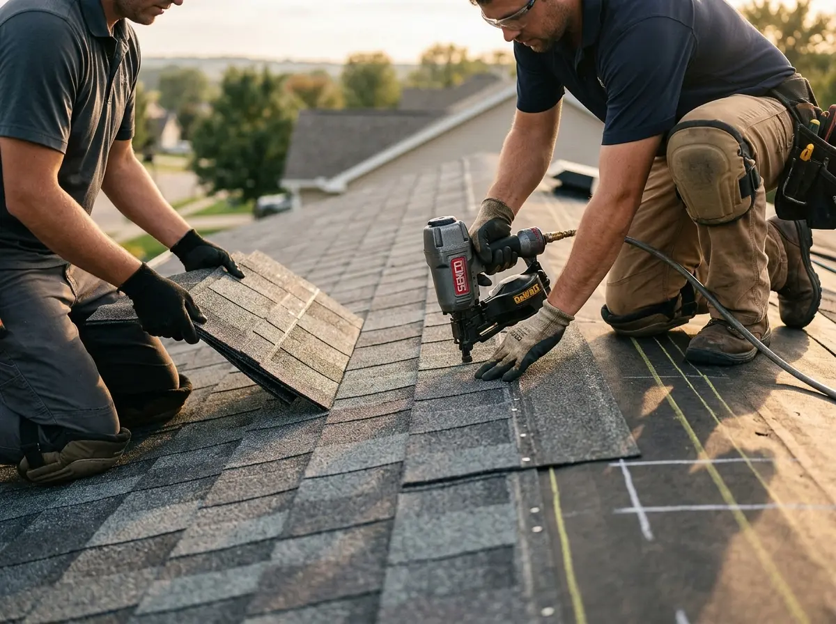 Professional roofer working on a residential roof in Rumson